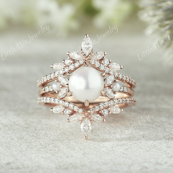 Art Deco Round Cut Pearl Engagement Ring Set Rose Gold Double Curved Wedding Band Moissanite Custom Promise Ring Anniversary Pearl Ring Set
