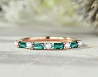 Unique Baguette Cut Emerald Wedding Band Rose Gold Half Eternity Pearl Wedding Ring Stacking Matching Promise Ring For Women Vintage Jewelry