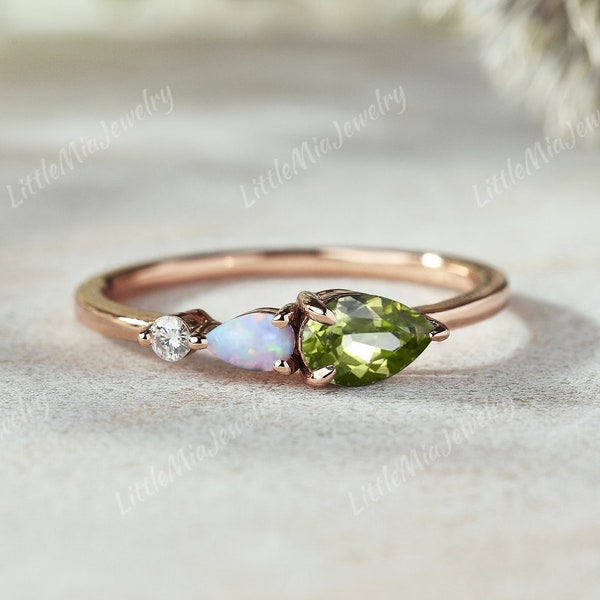 Vintage Pear Peridot Engagement Ring Art Deco Opal Rings For Women Peridot Wedding Ring Unique 3 Stone Opal Promise Ring Birthstone Ring