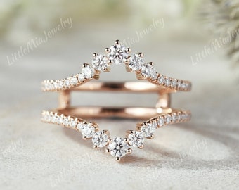 Vintage Moissanite Double Curved Wedding Band Rose Gold Moissanite Ring Enhancers And Wraps Diamond Matching Promise Wedding Ring For Women