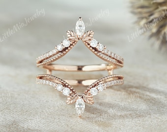 Vintage Moissanite Ring Enhancer Rose Gold Nature Inspired Leaf Floral Moissanite Wedding Band Promise Custom Ring Anniversary Gift For Her
