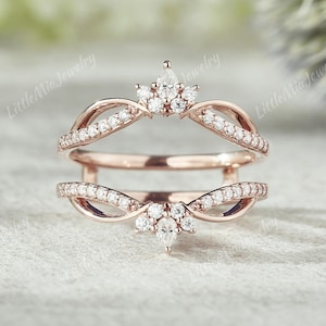 Art Deco Pear Shaped Moissanite Ring Enhancer Rose Gold Moissanite Double Curved Wedding Band Stacking Matching Promise Rings For Women