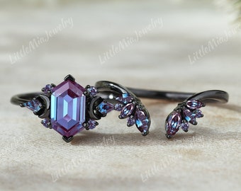 14K zwart gouden ring zeshoekige vorm alexandriet verlovingsring set zwart goud maan ontwerp alexandriet trouwring gotische ring bruids set