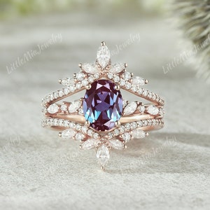 Oval Shape Alexandrite Engagement Ring Set Rose Gold Moissanite Ring Enhancer Alexandrite Ring Set Alexandrite Bridal Ring Set Gift For Her