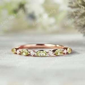 Unique Half/Full Eternity Marquise Cut Peridot Wedding Band Rose Gold Moissanite Wedding Ring Stacking Promise Anniversary Gift For Her
