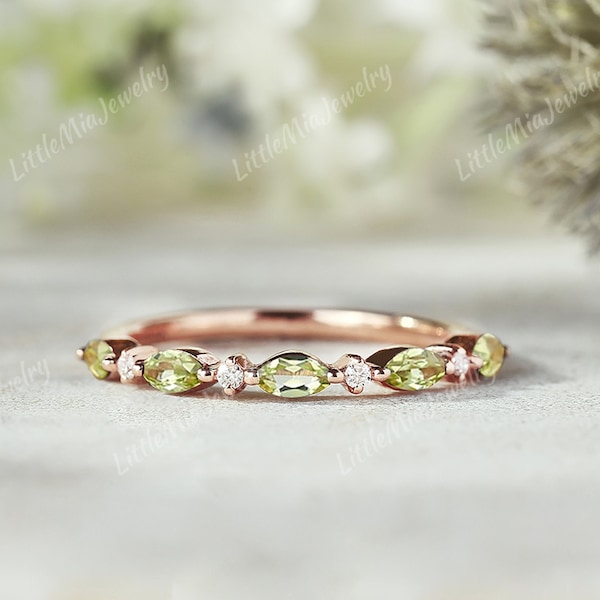 Unique Half/Full Eternity Marquise Cut Peridot Wedding Band Rose Gold Moissanite Wedding Ring Stacking Promise Anniversary Gift For Her