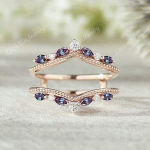 Art Deco Alexandrite Double Curved Wedding Band Rose Gold Moissanite Enhancer Ring Wedding Ring Custom Promise Ring Anniversary Gift For Her