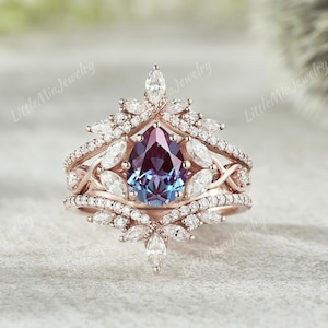Alexandrite Ring Set Pear Cut Alexandrite Engagement Ring Set Rose Gold Moissanite Ring Enhancer Purple Gemstone Bridal Set Gift For Her