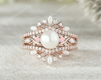 Art Deco Pearl Engagement Ring Set Rose Gold Moissanite Double Curved Wedding Band Opal Cluster Pearl Promise Ring Anniversary Ring Set