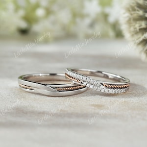2pcs Two Tone Couple Ring White Gold Mens Wedding Band Rose Gold Moissanite Twist Wedding Rings For Men and Women  Mixed Metals Ring Set