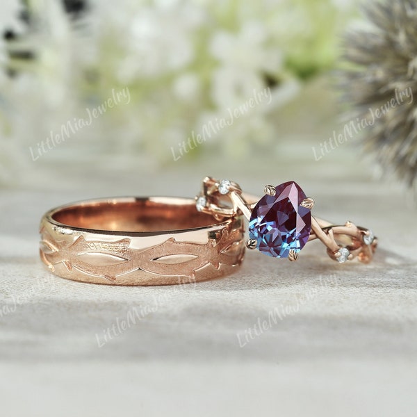 2pcs Couple Rings Set Rose Gold Alexandrite Engagement Ring Mens Branch Wedding Band Vintage Wedding Ring Set Promise Rings For Couples