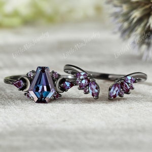 14K Black Gold Ring Coffin Cut Alexandrite Engagement Ring Set Black Gold Moon Design Alexandrite Wedding Band Gothic Ring Bridal Set