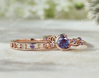 2pcs Couple Rings Set Sailor Moon Inspired Couple Ring Set Rose Gold Alexandrite Engagement Ring Mens Wedding Band Promise Rings For Couples