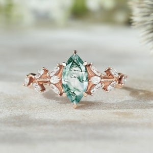 Art Deco Marquise Cut Moss Agate Engagement Ring Rose Gold Nature Inspired Leaf Floral Moissanite Wedding Ring Promise Rings For Women