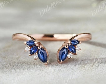 Unique Marquise Sapphire Curved Wedding Band Rose Gold Sapphire Wedding Ring Bridal Band Stacking Promise Ring Anniversary Gift For Her