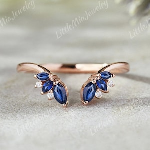 Unique Marquise Sapphire Curved Wedding Band Rose Gold Sapphire Wedding Ring Bridal Band Stacking Promise Ring Anniversary Gift For Her
