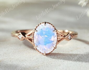 Vintage Moonstone Engagement Ring Rose Gold Art Deco Moissanite Cluster Wedding Ring Promise Custom Bridal Ring Personalized Gift For Her