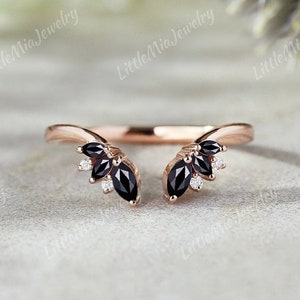 Unique Marquise Black Onyx Curved Wedding Band Rose Gold Moissanite Wedding Ring Black Diamond Stacking Matching Promise Ring For Women