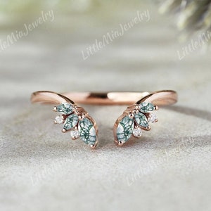 Marquise Moss Agate Curved Wedding Band Natural Moss Agate Stacking Ring Rose Gold Rings For Women Moissanite Ring Custom Anniversary Ring