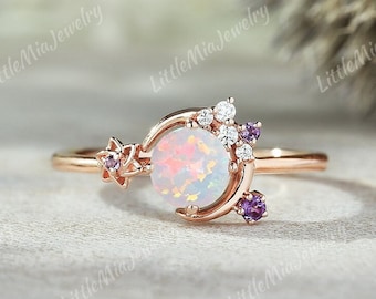 Unique Moon Opal Engagement Ring Rose Gold Amethyst Cluster Wedding Ring Retro Star Moissanite Bridal Rings For Women Handmade Jewelry