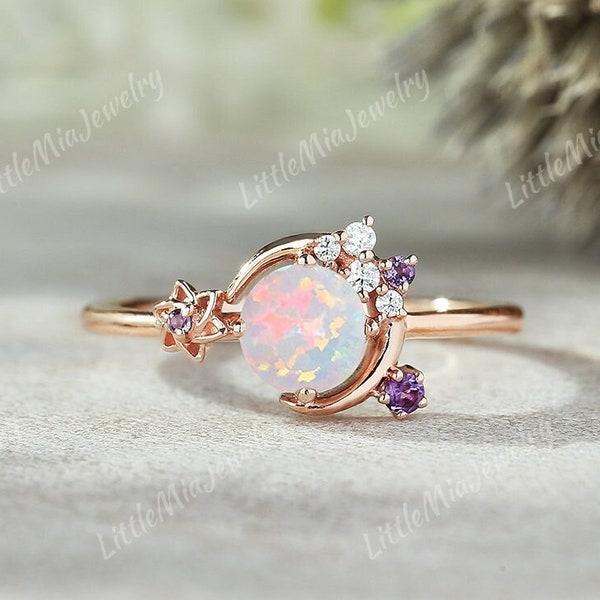 Unique Moon Opal Engagement Ring Rose Gold Amethyst Cluster Wedding Ring Retro Star Moissanite Bridal Rings For Women Handmade Jewelry
