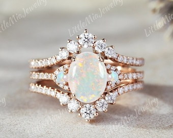 Vintage Opal Wedding Ring Set Oval Opal Engagement Ring Gold Promise Rings For Women Double Moissanite Curved Wedding Band Personalized Gift