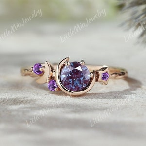 Unique alexandrite engagement ring rose gold amethyst wedding ring unique moon design wedding promise rings for women handmade jewelry