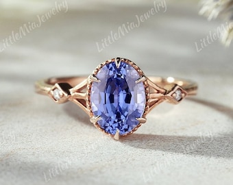 Art Deco Cornflower Sapphire Engagement Ring  Rose Gold Oval Cut Sapphire Wedding Ring Vintage Sapphire Rings For Women Personalized Gifts