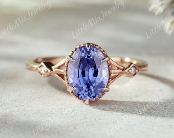 Art Deco Cornflower Sapphire Engagement Ring  Rose Gold Oval Cut Sapphire Wedding Ring Vintage Sapphire Rings For Women Personalized Gifts