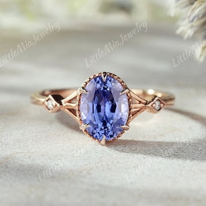 Art Deco Cornflower Sapphire Engagement Ring  Rose Gold Oval Cut Sapphire Wedding Ring Vintage Sapphire Rings For Women Personalized Gifts