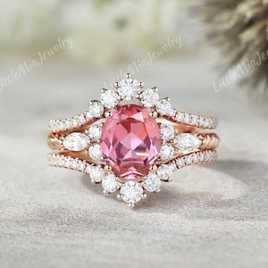 Unique Oval Cut Pink Sapphire Engagement Ring Set Rose Gold Moissanite Wedding Band Custom Promise Ring Enhancer Anniversary Gift For Her