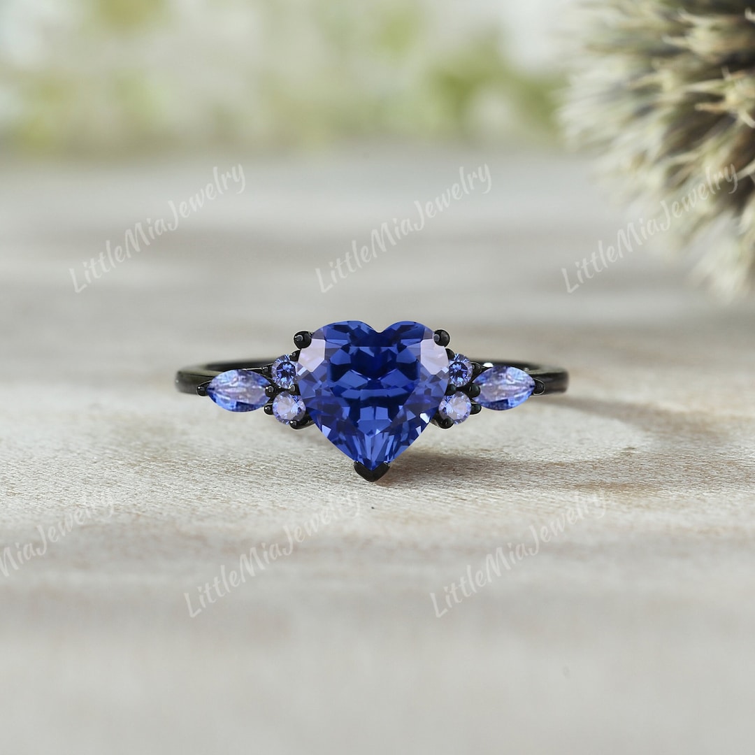 Heart Shape Sapphire Engagement Ring Black Gold Sapphire Cluster ...