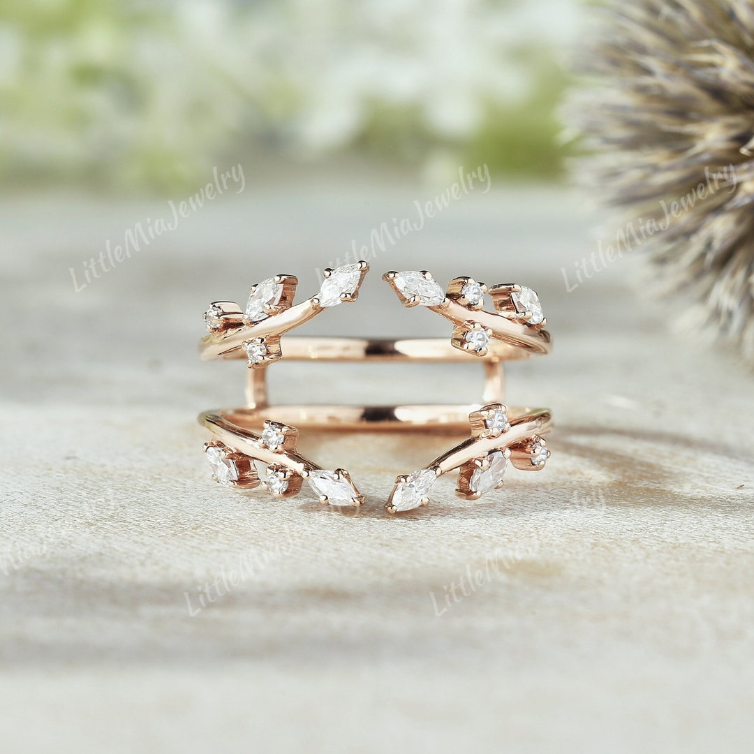 Marquise Cut Moissanite Double Curved Wedding Band Rose Gold Leaf ...