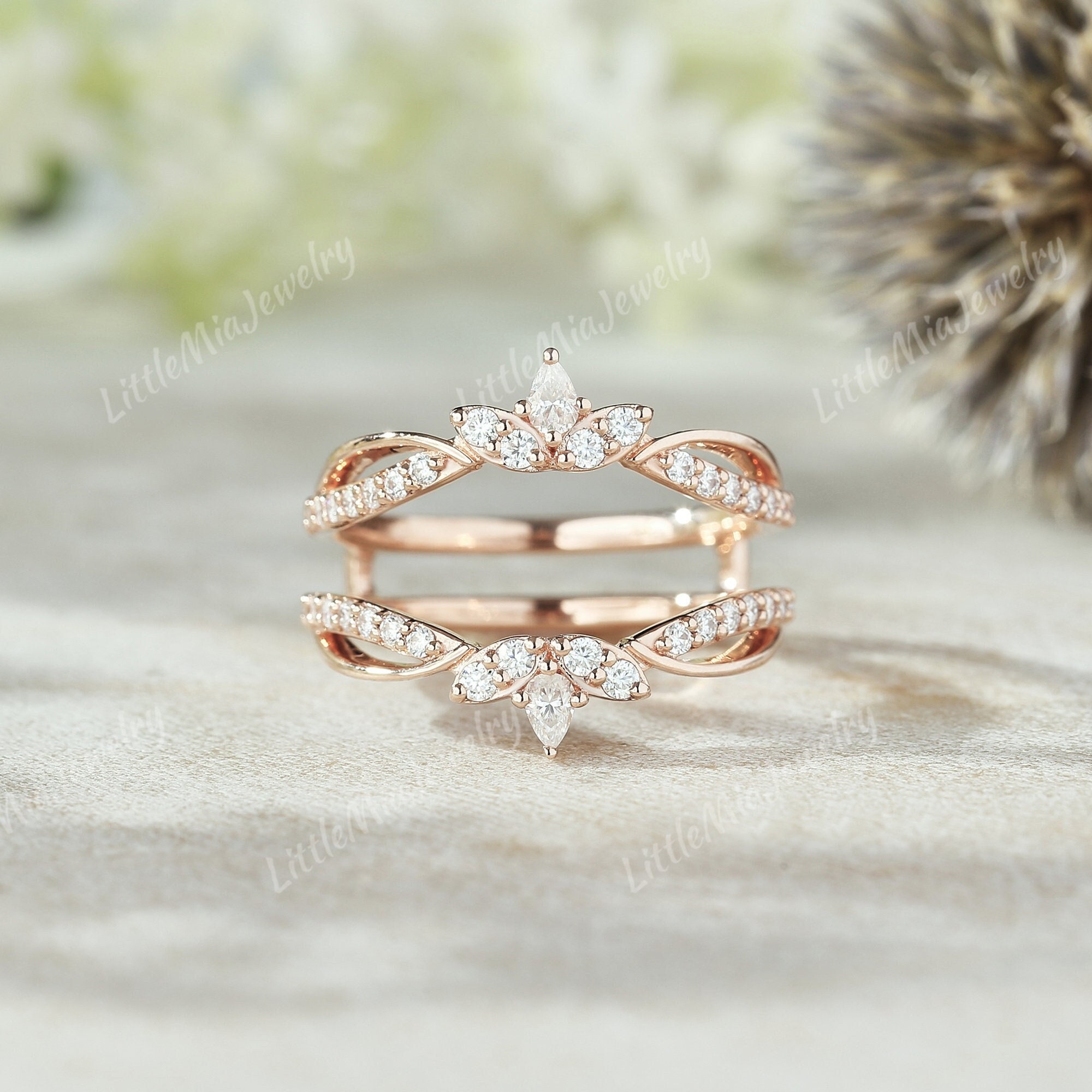 Unique Pear Shaped Moissanite Ring Enhancer Rose Gold Moissanite Double Curved Wedding Band Stacking Matching Promise Rings For Women
