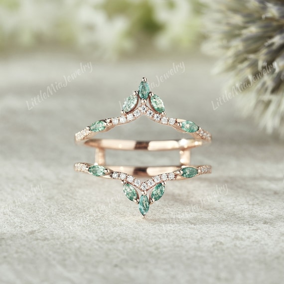 Unique Marquise Cut Moss Agate Double Curved Wedding Band Rose Gold Moss Agate Enhancer Ring Custom Promise Ring Anniversary Rings For Women