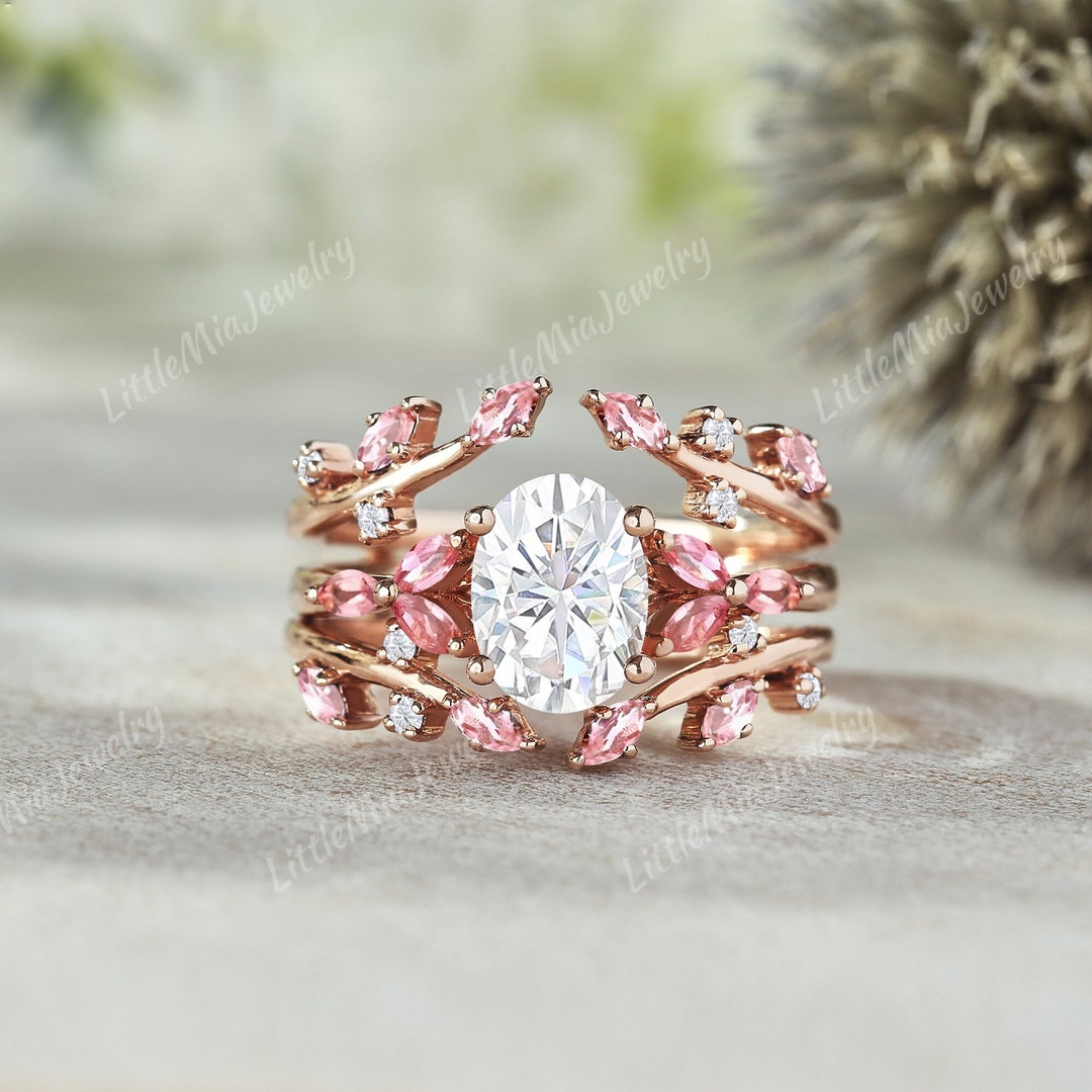 Unique Oval Natural Pink Sapphire Engagement Ring Set Rose Gold Leaf