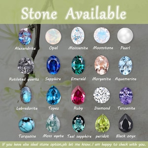 May include: A chart of 15 different gemstones, including alexandrite, opal, moissanite, moonstone, pearl, rutilated quartz, sapphire, emerald, morganite, aquamarine, labradorite, topaz, ruby, diamond, tanzanite, turquoise, moss agate, teal sapphire, peridot, and black onyx. The text "Stone Available" is at the top of the chart. The text "If you have else ideal stone option, pls let me know. I am happy to check with you." is at the bottom of the chart.