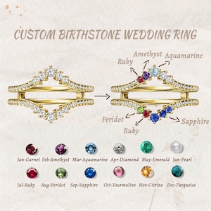 May include: A gold-colored custom birthstone wedding ring with a diamond and gemstone design. The ring features a V-shaped band with a row of small diamonds and a selection of birthstone options, including ruby, amethyst, and sapphire. Text reads "CUSTOM BIRTHSTONE WEDDING RING."