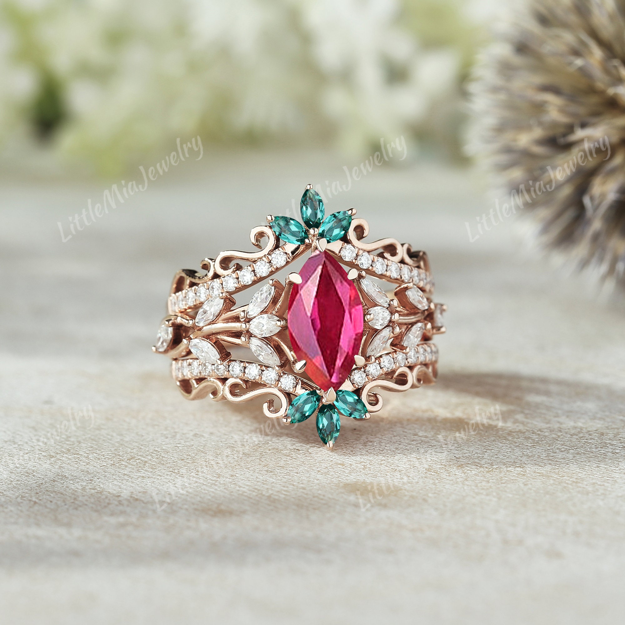 Unique Marquise Cut Ruby Engagement Ring Set Solid Gold Leaf Floral ...