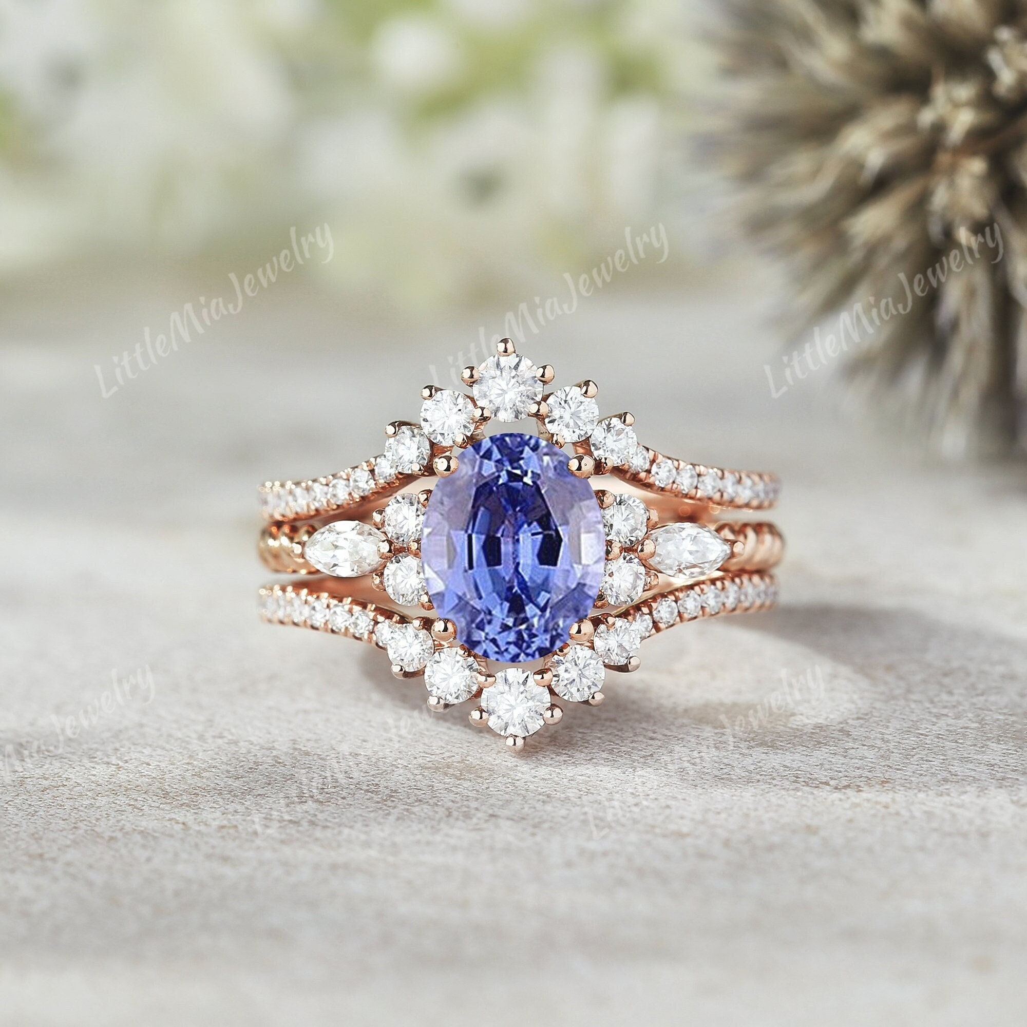 Vintage Oval Cut Sapphire Engagement Ring Set Rose Gold Moissanite Double Curved Wedding Band Custom Promise Ring For Women Handmade Jewelry