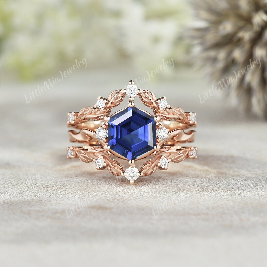 Unique Hexagon Sapphire Engagement Ring Set Rose Gold Moissanite Curved