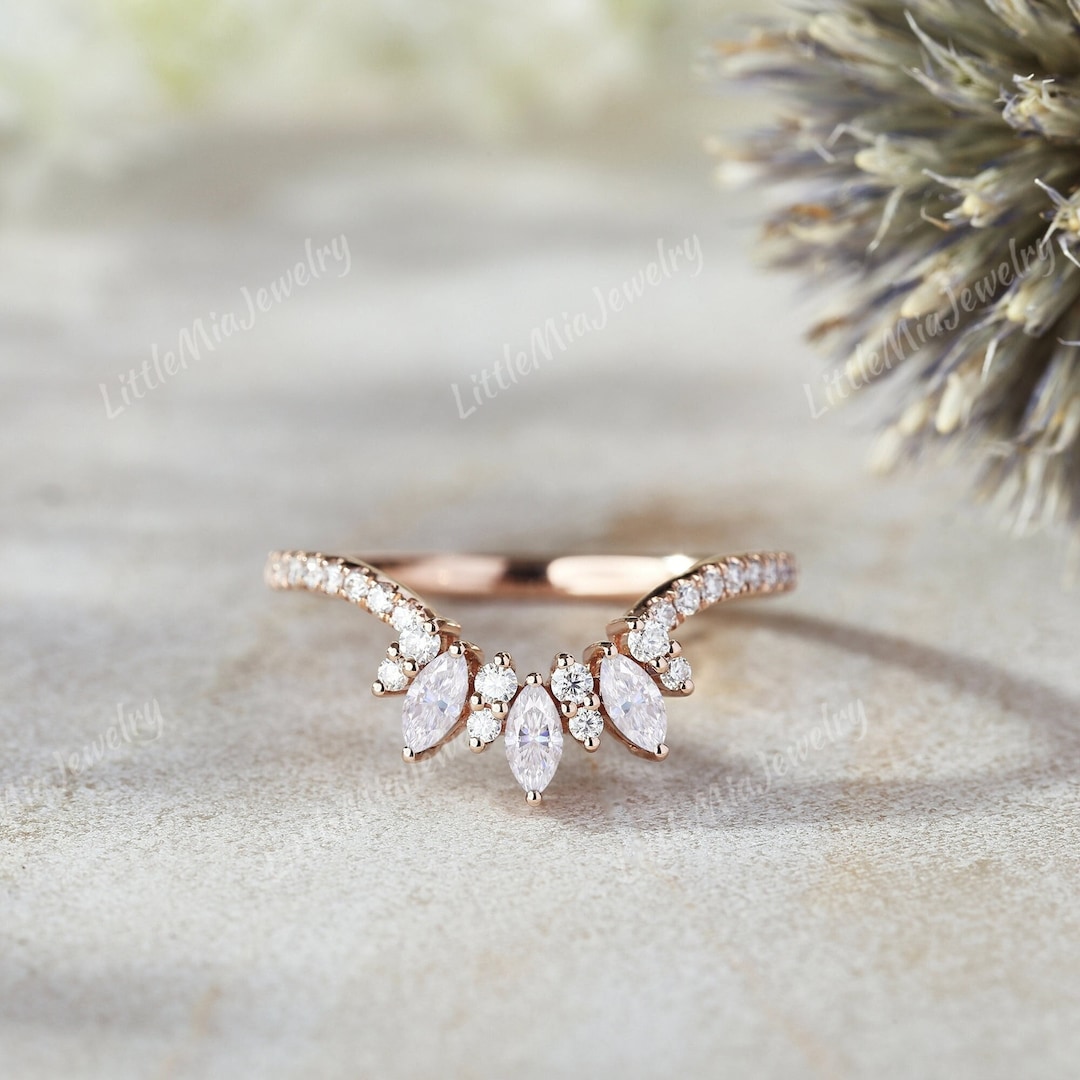 Unique Marquise Cut Moissanite Wedding Band Art Deco Rose Gold ...