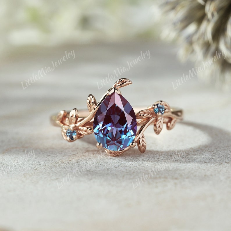 Pear Alexandrite Engagement Ring Rose Gold Leaf Wedding Ring Etsy