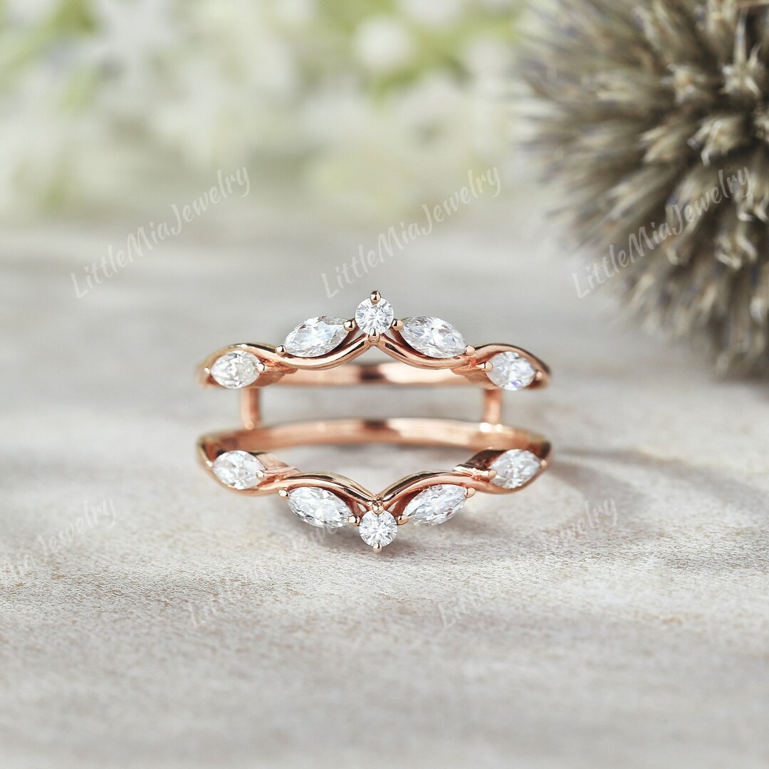 Vintage Art Deco Ring Enhancer Rose Gold Moissanite Curved Wedding Band ...