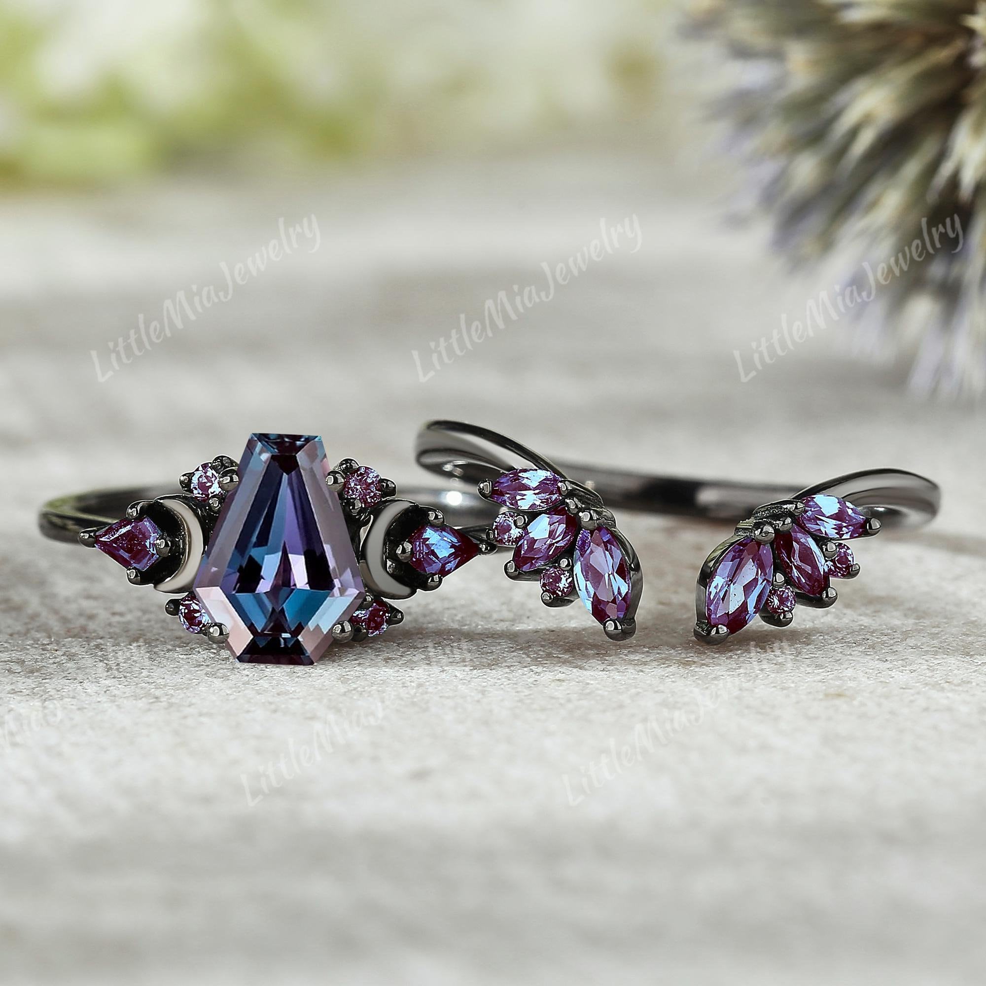 14K Black Gold Ring Coffin Cut Alexandrite Engagement Ring Set Black Gold Moon Design Alexandrite Wedding Band Gothic Ring Bridal Set