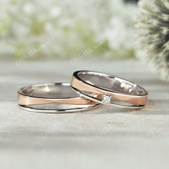 Unique Two Tone Couple Ring Set 10k 14k Solid Gold 2pcs Mixed