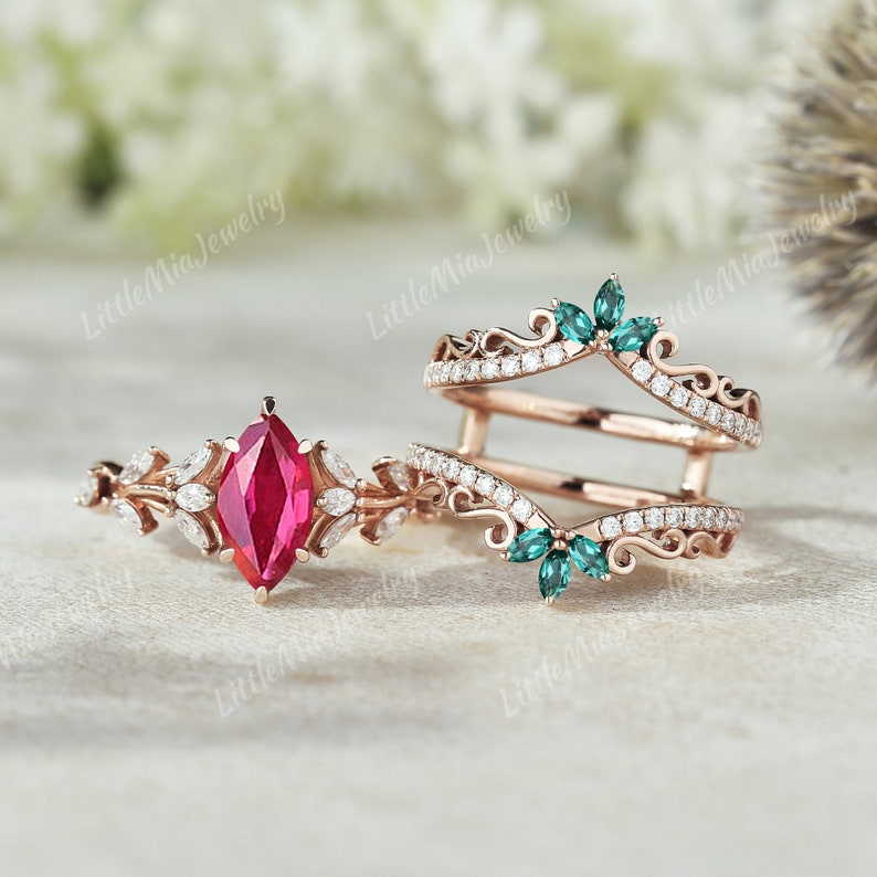 Unique Marquise Cut Ruby Engagement Ring Set Solid Gold Leaf Floral ...