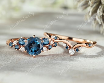 Vintage London Blue Topaz Engagement Ring Set Rose Gold  Moissanite Curved Wedding Band Anniversary Promise Custom Bridal Set For Women