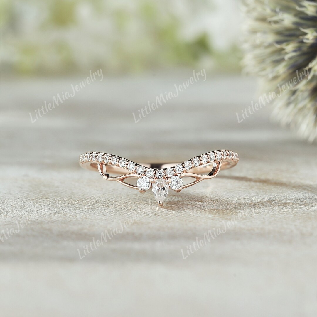 Art Deco Moissanite Curved Wedding Band Rose Gold Half Eternity Wedding ...