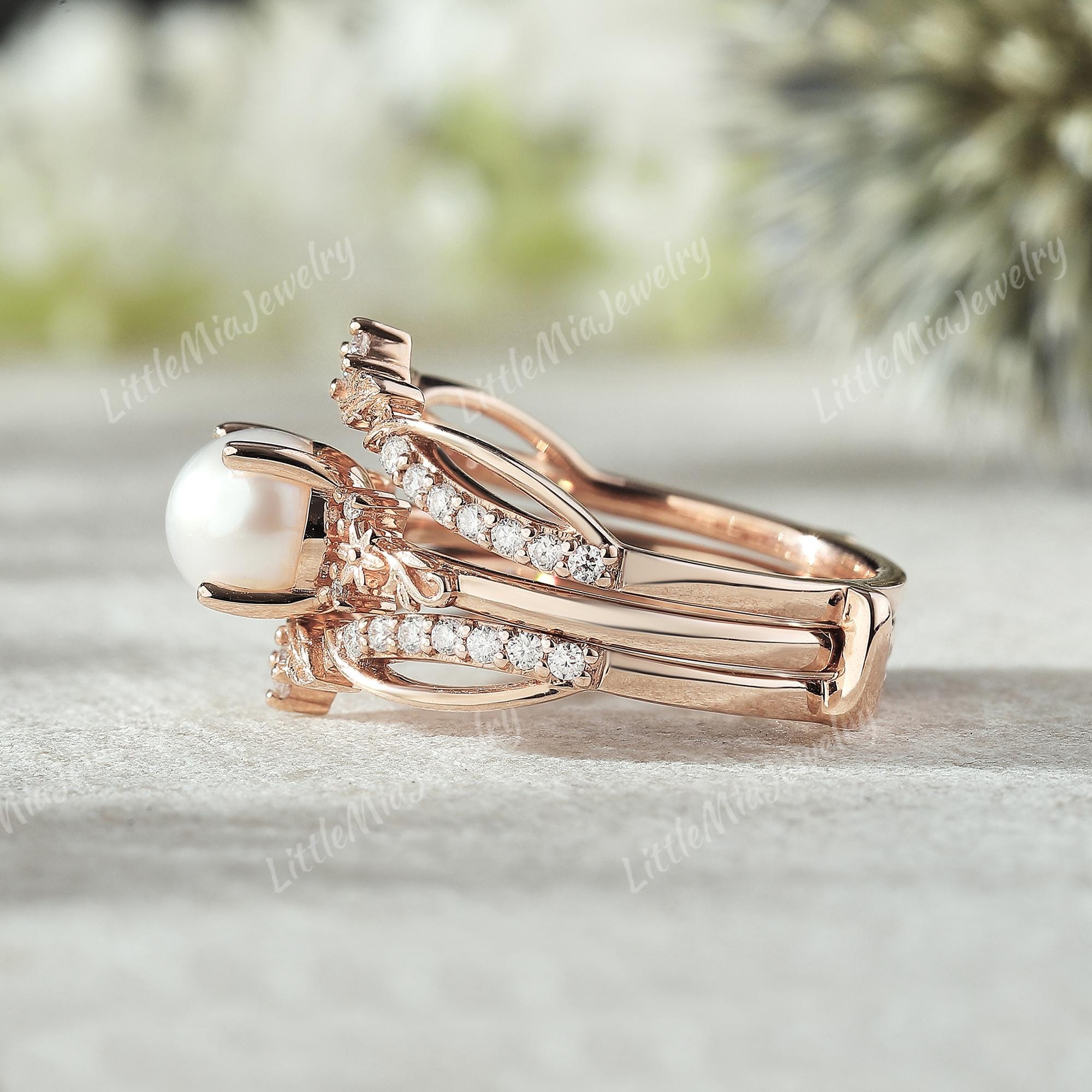 Nature Inspired Pearl Engagement Ring Set Rose Gold Double Curved